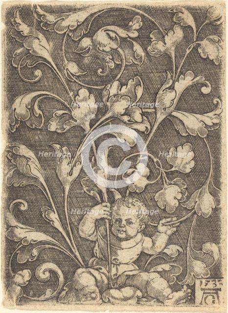 Scroll Ornament with Seated Child, 1532. Creator: Heinrich Aldegrever.