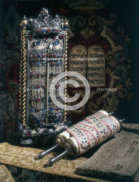 Scrolls of the Torah, Torah cover and the Ten Commandments, 1797. Artist: Unknown