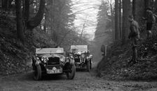 SD Marr's Tracta open sports and R Peaty's Singer open 4-seater at the JCC Half-Day Trial, 1930. Artist: Bill Brunell