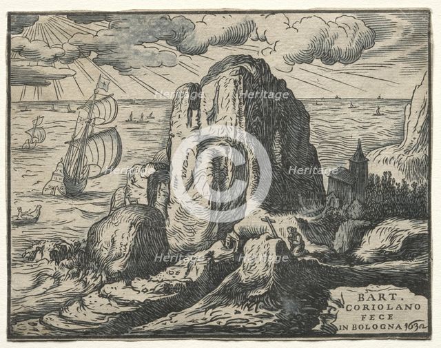 Set of 4 Landscapes: No. 4 - Cliff on the Seashore. Creator: Hendrick Goltzius (Dutch, 1558-1617).