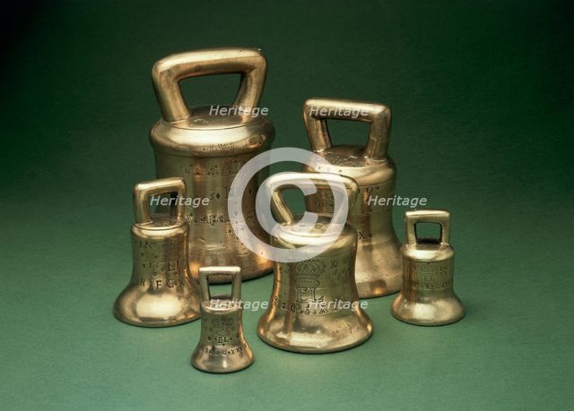 Set of Bronze weights stamped with a crowned 'EL' (Elizabeth I), 1588. Creator: Unknown.