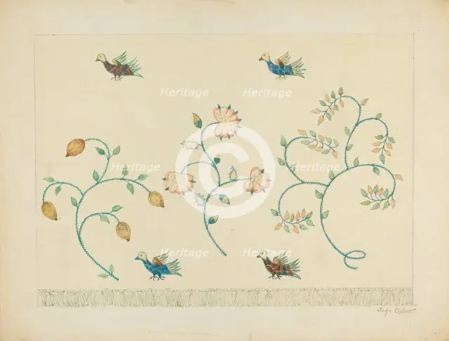 Set of Crewel Embroidered Bed Curtains, c. 1939. Creator: John Oster.