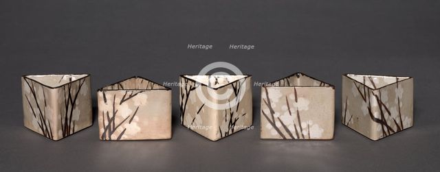 Set of Five Serving Bowls (Mukozuke) with Prunus Design, 1700s-1800s. Creator: Ogata Kenzan (Japanese, 1663-1743), school of.