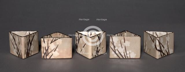 Set of Five Serving Bowls (Mukozuke) with Prunus Design, 1700s-1800s. Creator: Ogata Kenzan (Japanese, 1663-1743), school of.