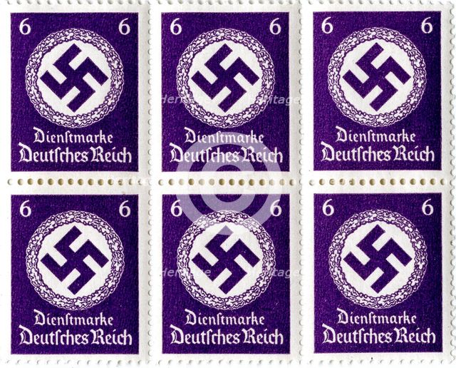 Set of postage stamps featuring a swastika emblem, 1941-1942. Artist: Unknown
