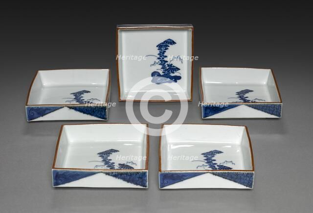 Set of Square Dishes with Rock and Tree Design: Arita Ware, 1700s. Creator: Unknown.