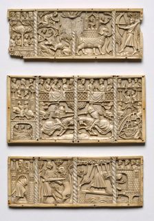 Set of Three Panels from a Casket with Scenes from Courtly Romances, c. 1330-50. Creator: Unknown
