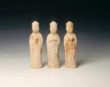 Set of three pottery figures holding zodiac symbols, Northern Song dynasty, China, 11th century. Creator: Unknown