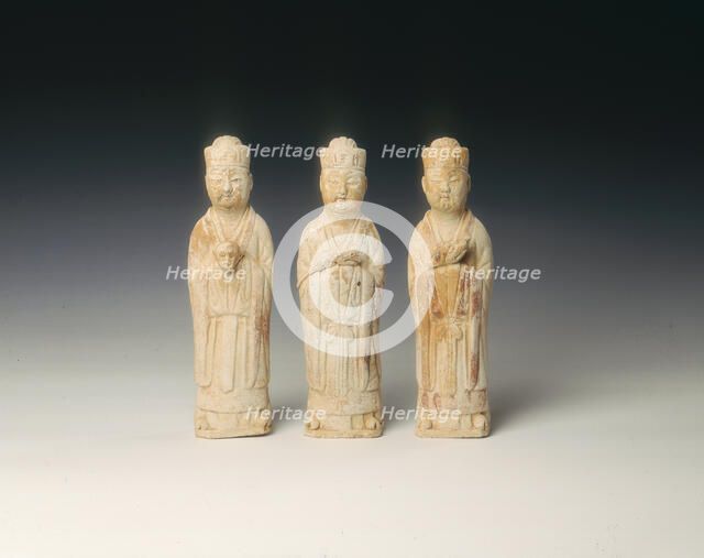 Set of three pottery figures holding zodiac symbols, Northern Song dynasty, China, 11th century. Artist: Unknown