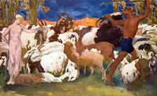 Set design for a Ballets Russes production of Ravel's Daphnis et Chloe, 1912. Artist: Leon Bakst