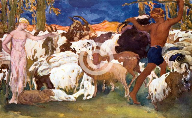 Set design for a Ballets Russes production of Ravel's Daphnis et Chloe, 1912. Artist: Leon Bakst