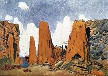 Set design for a Ballets Russes production of Ravel's Daphnis et Chloe, 1912. Artist: Leon Bakst