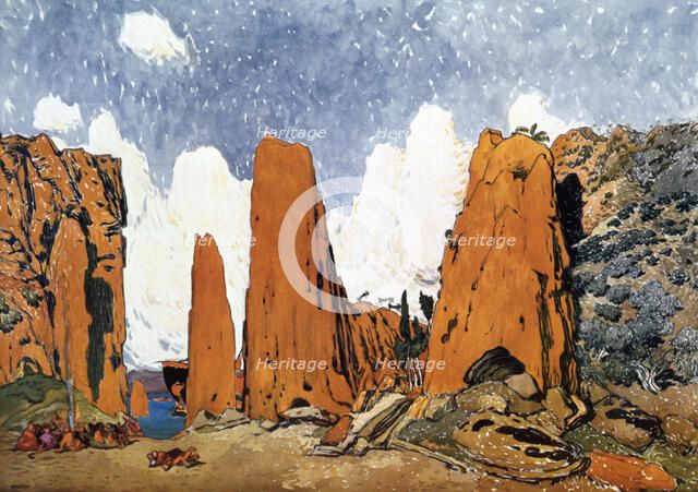 Set design for a Ballets Russes production of Ravel's Daphnis et Chloe, 1912. Artist: Leon Bakst