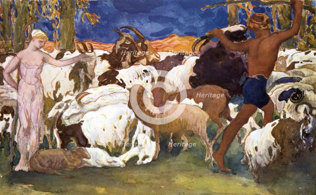 Set design for a Ballets Russes production of Ravel's Daphnis et Chloe, 1912. Artist: Leon Bakst