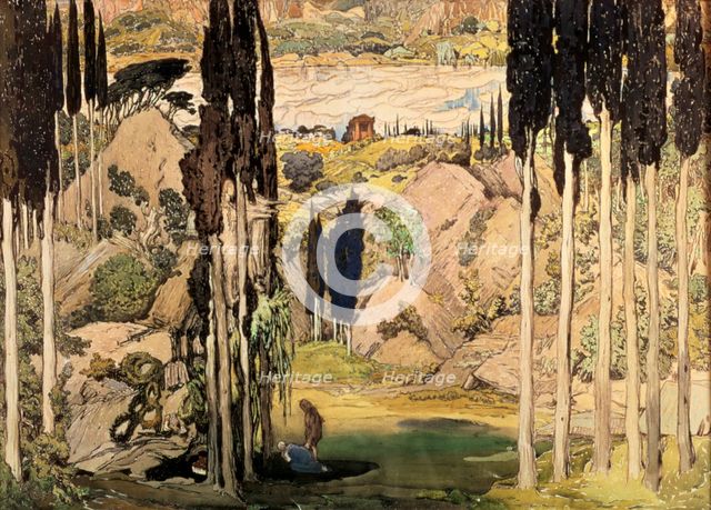 Set design for Act II of a Ballet Russes production of Ravel's Daphnis and Chloe, 1912. Artist: Leon Bakst