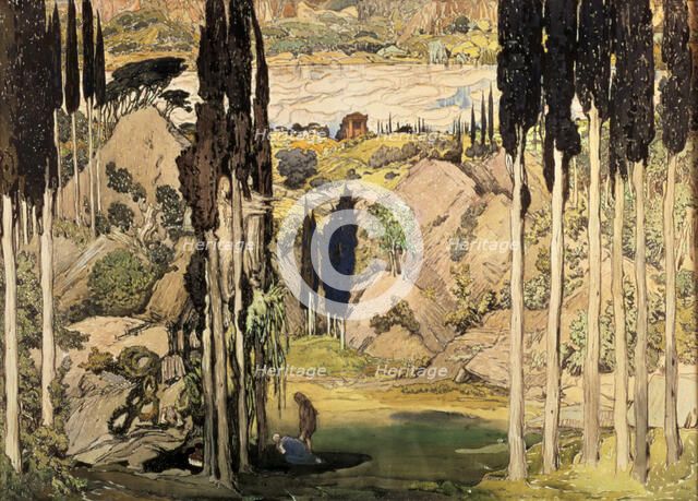 Set design for Act II of a Ballet Russes production of Ravel's Daphnis and Chloe, 1912. Artist: Leon Bakst