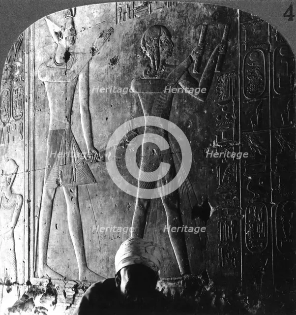 Sethos I and his son Ramses II worshiping their ancestors, Abydos, Egypt, c1900.Artist: Underwood & Underwood