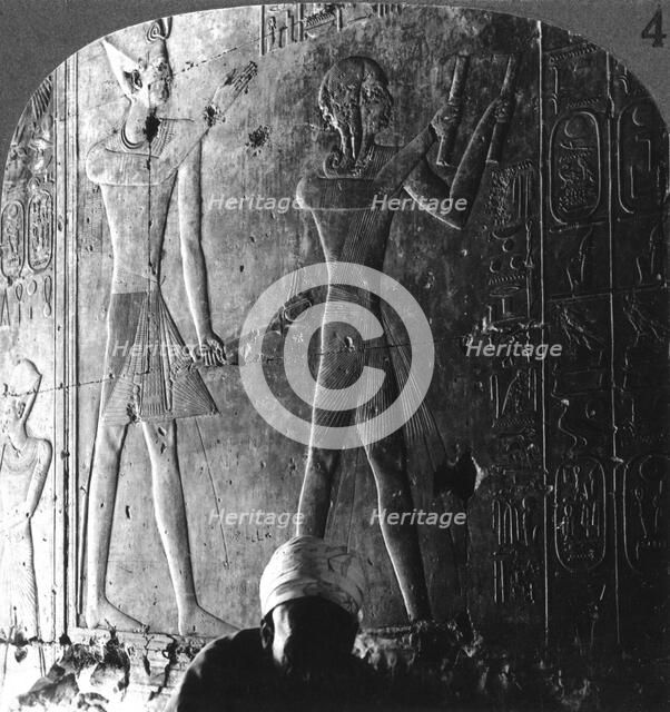 Sethos I and his son Ramses II worshiping their ancestors, Abydos, Egypt, c1900.Artist: Underwood & Underwood