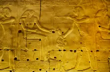 Seti I making offerings of incense to god Horus, Temple of Seti I, Abydos, Egypt, New Kingdom (2003) Creator: LTL