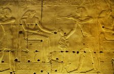Seti I making offerings of incense to god Horus, Temple of Seti I, Abydos, Egypt, New Kingdom (2003) Creator: LTL