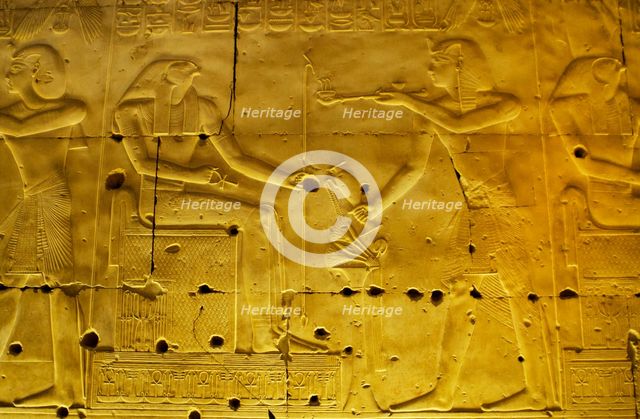 Seti I making offerings of incense to god Horus, Temple of Seti I, Abydos, Egypt, New Kingdom (2003) Creator: LTL.