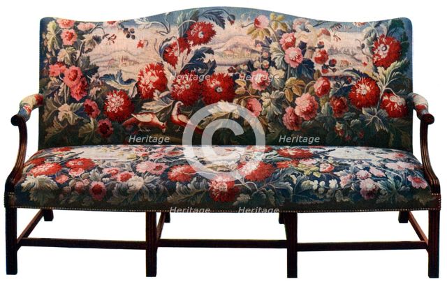 Settee, belonging to a suite of Chippendale furniture covered in an 18th-century tapestry, (c1920). Artist: Unknown
