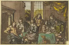 Seven gentlemen sitting in a room around a green table, occupied with papers, with a dog, 17th cent. Creator: Jan van Mieris