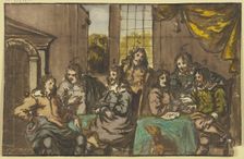 Seven gentlemen sitting in a room around a green table, occupied with papers, with a dog, 17th cent. Creator: Jan van Mieris