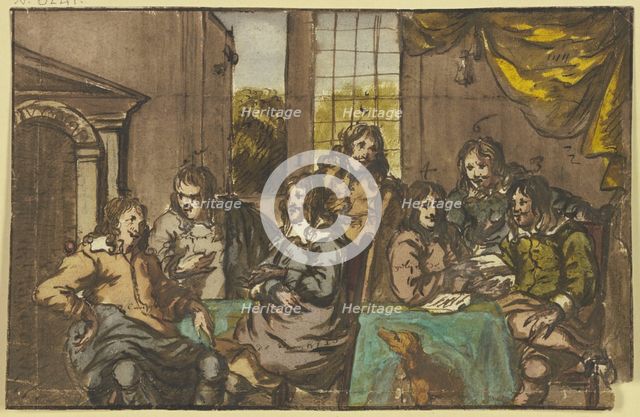 Seven gentlemen sitting in a room around a green table, occupied with papers, with a dog, 17th cent. Creator: Jan van Mieris.