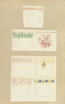 Seven Designs for Decorated Cups, 1845-55. Creator: Alfred Crowquill