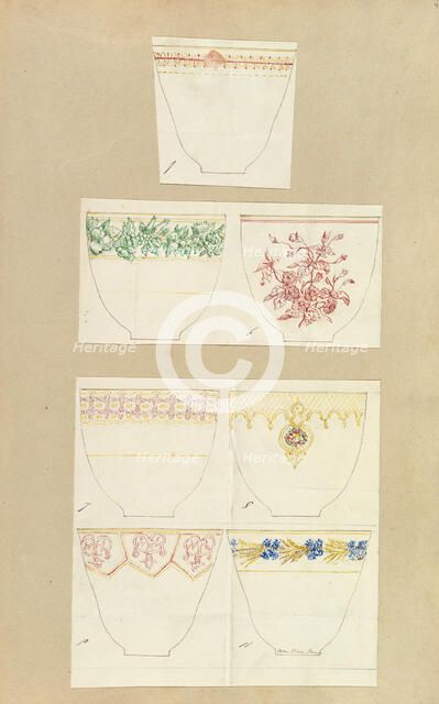 Seven Designs for Decorated Cups, 1845-55. Creator: Alfred Crowquill.