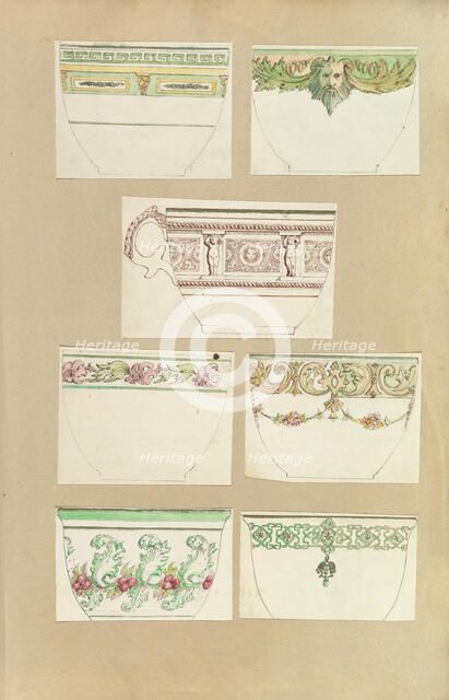 Seven Designs for Decorated Cups, 1845-55. Creator: Alfred Crowquill.
