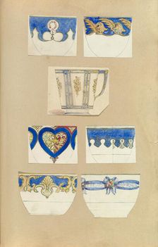 Seven Designs for Decorated Cups, 1845-55. Creator: Alfred Crowquill