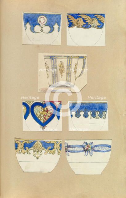 Seven Designs for Decorated Cups, 1845-55. Creator: Alfred Crowquill.