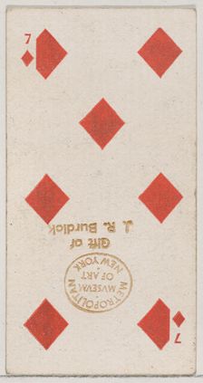 Seven Diamonds (red), from the Playing Cards series (N84) for Duke brand cigarettes, 1888., 1888. Creator: Unknown
