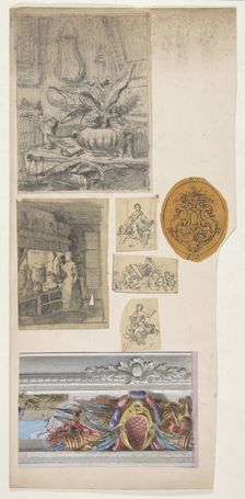 Seven drawings,including four decorative motifs and two scenes of interiors, 1830-97. Creators: Jules-Edmond-Charles Lachaise, Eugène-Pierre Gourdet