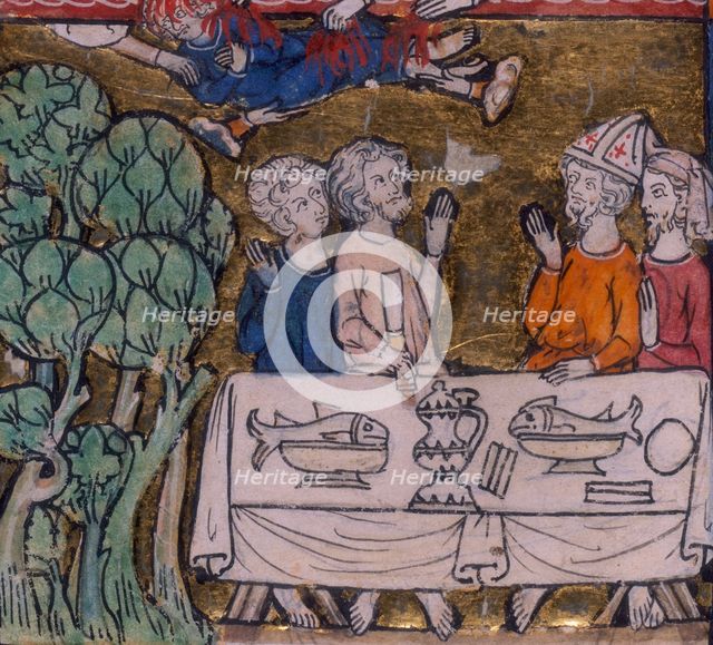 Seven hands appear from Heaven casting fire upon Moys, c1300-c1350. Creator: Unknown.