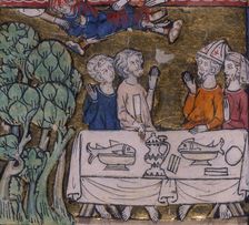 Seven hands appear from Heaven casting fire upon Moys, c1300-c1350. Creator: Unknown