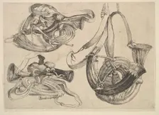 Seven hunting horns in three groupings, 1625-77. Creator: Wenceslaus Hollar