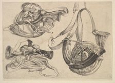 Seven hunting horns in three groupings, 1625-77. Creator: Wenceslaus Hollar