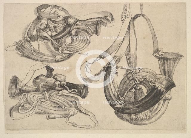 Seven hunting horns in three groupings, 1625-77. Creator: Wenceslaus Hollar.