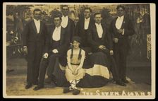 Seven men on stage set of "The seven acorns", [between 1918 and 1920?]. Creator: Unknown