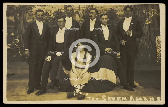 Seven men on stage set of "The seven acorns", [between 1918 and 1920?]. Creator: Unknown.
