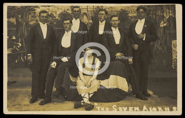 Seven men on stage set of "The seven acorns", [between 1918 and 1920?]. Creator: Unknown.