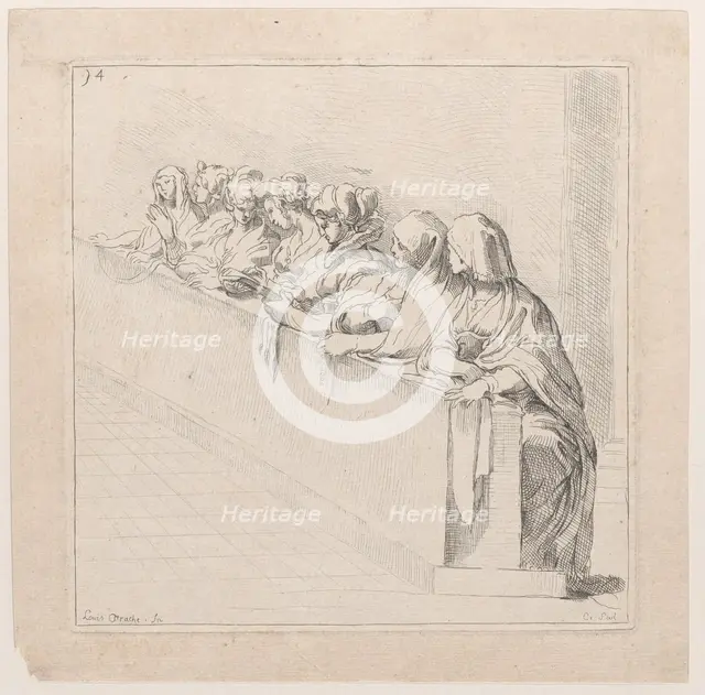Seven Women Seated Behind a Low Wall, 18th century. Creator: Caylus, Anne-Claude-Philippe de.