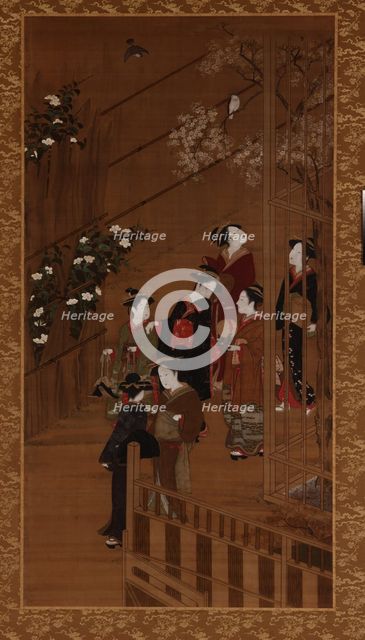 Seven women walking near a football court, Edo period, mid-late 18th century. Creator: Shunsho.