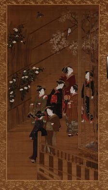 Seven women walking near a football court, Edo period, mid-late 18th century. Creator: Shunsho