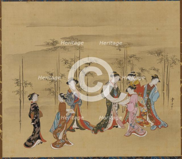 Seven young women in a bamboo grove, 18th century. Creator: Kawamata Tsunemasa.