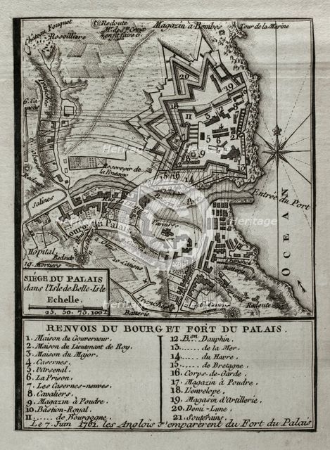 Seven Years War (1756-1763): Map of capture of Belle Isle (June 1761), 1765. Creator: Jean de Beaurain.