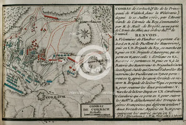 Seven Years War (1756-1763): Map of Battle of Corbach or Korbach (July 10, 1760), 1765. Creator: Jean de Beaurain.